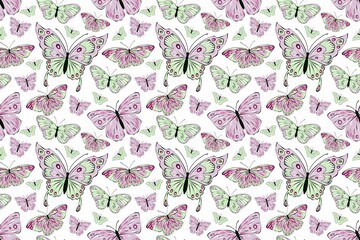 Seamless pattern of butterflies, romantic background, hand drawing illustration