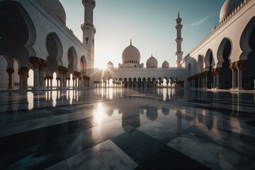 Fototapeta premium A calm morning at mosque showcasing Islamic architectural splendor. Generative AI