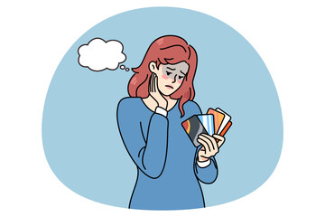 Unhappy woman holding credit cards feel confused with bank loan. Upset female client with deposit card distressed with bankruptcy or financial problems. Flat vector illustration.