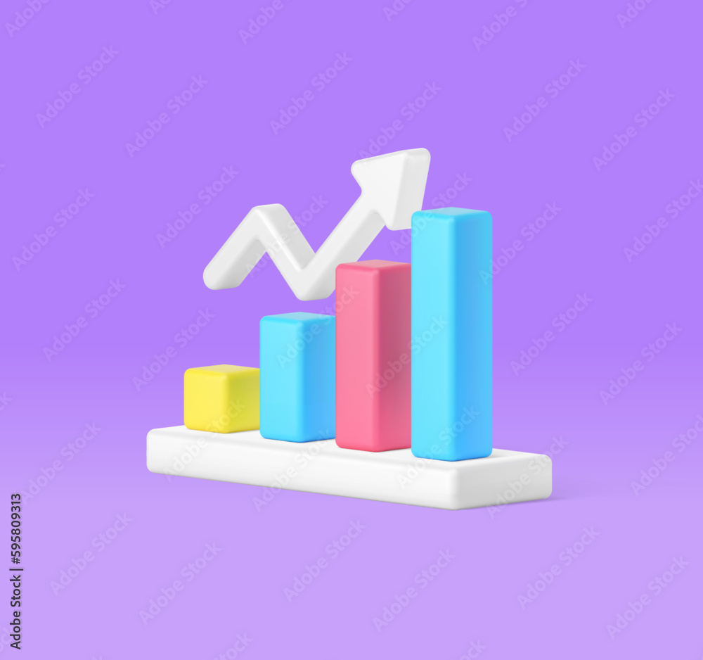 Poster data analyzing bar graph dynamic up arrow business statistic increase 3d icon realistic vector