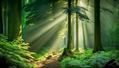  green forest with beautiful rays of sunlight, Forest landscape, Generative ai.