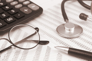 Cost of medical service and health insurance concept. Calculator, pen, glasses and stethoscope with pen on financial data.