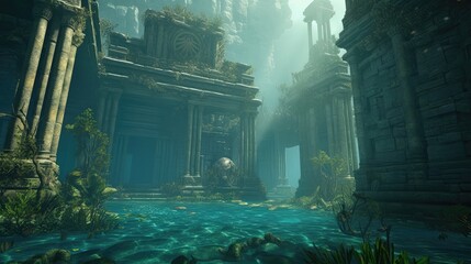 Fototapeta premium The lost city of Atlantis, a mythical civilization that vanished beneath the sea, continues to fascinate and intrigue people around the world. Generated by AI.