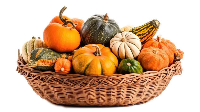 Weidenkorb gef&uuml;llt mit verschiedenen K&uuml;rbissorten auf transparentem Hintergrund, Generative AI