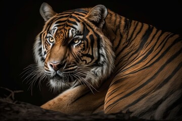 Portrait of a tiger on a black background. Close-up. Generative AI