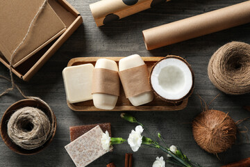 Fototapeta na wymiar Concept of bath and skin care accessories - soap