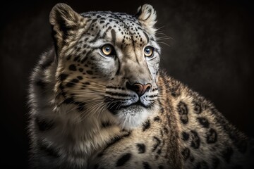 Snow leopard (Panthera uncia) portrait on dark background, Generative AI