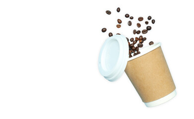 Blank paper cup with coffee seeds isolated on white background, PNG