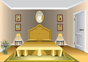 modern classic bedroom interior in yellow and green colors. 