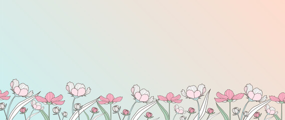 Vector gradient floral background with pink flowers and buds. Background for text, photos, diplomas, postcards, business cards