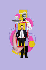 Vertical collage picture of arm hold smart phone display elegant guy black white effect waiter hold champagne tray isolated on violet background