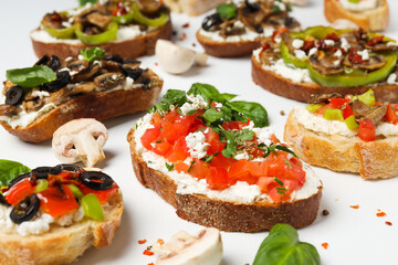 Toasts with tasty grilled vegetables, concept of delicious appetizer
