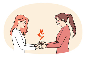 Happy young women touch hands share love and care in friend relationships. Concept of international human solidarity day. Charity and volunteer, good help. Flat vector illustration.