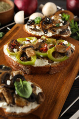 Toasts with tasty grilled vegetables, concept of delicious appetizer