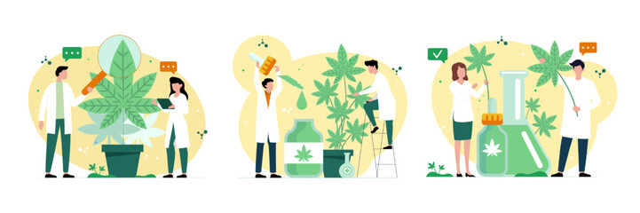 Set of cartoon characters engaged in legality of cannabis for medical use
