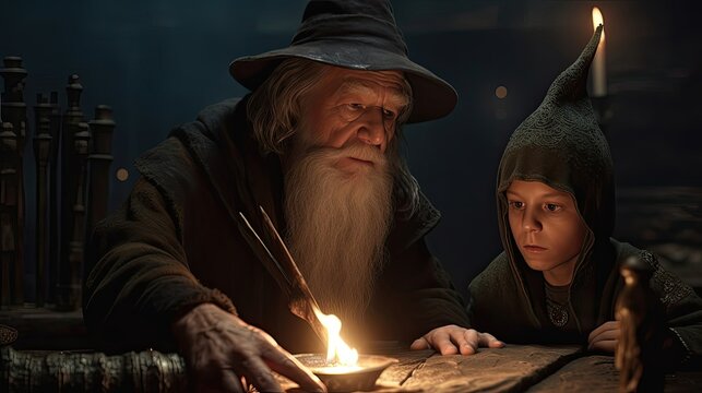 A young apprentice trains under a powerful sorcerer, learning to harness the elements and master spells in a world of magic and mystery. Generated by AI