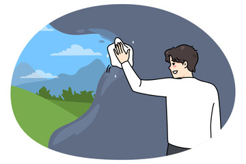 Smiling man clearing view with rag. Person overcome depression and mental problems. Concept of self-rehabilitation and recovery. Psychological counseling. Vector illustration.