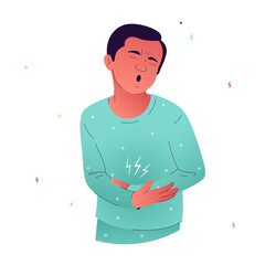 Man feeling sick and nauseous, about to vomit. Vector concept of food poisoning, indigestion or motion sickness symptoms. Medical illustration for healthcare articles and websites