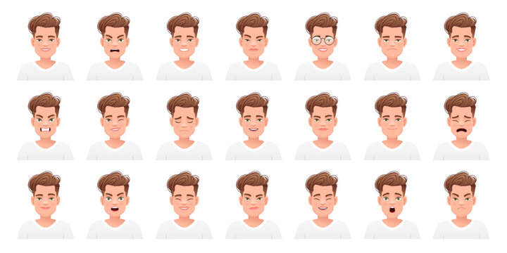 Set of different emotions of a cute white guy in a t-shirt. Facial expression of handsome stylish young man. Smile, happiness, anger, surprise, fear, sadness, etc. Vector illustration