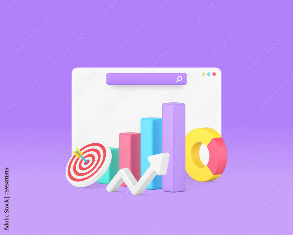Poster commercial analyzing internet browser workflow bar graph diagram dynamic arrow 3d icon vector
