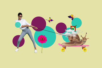 Image artwork 3d collage sketch pinup pop poster of hardworking person pull big mollusk sitting...
