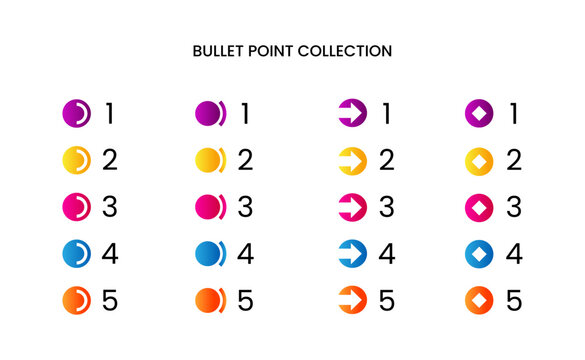 Colorful bullet point number collection with gradient free vector