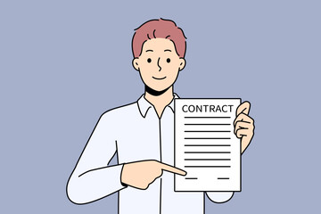 Smiling businessman show place for signature on contract. Happy male employer demonstrate space to sign legal agreement. Official document and employment. Vector illustration. 
