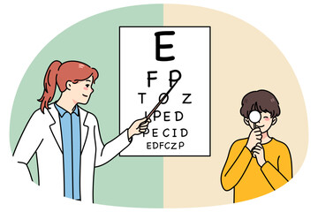 Happy caring female doctor check sight of small boy child in hospital. Woman ophthalmologist examine eyesight of little kid in clinic. Healthcare and medicine concept. Vector illustration.