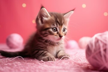 Adorable kitten playing with a ball of yarn, set against a bright pink background with glittering stars. Generative AI