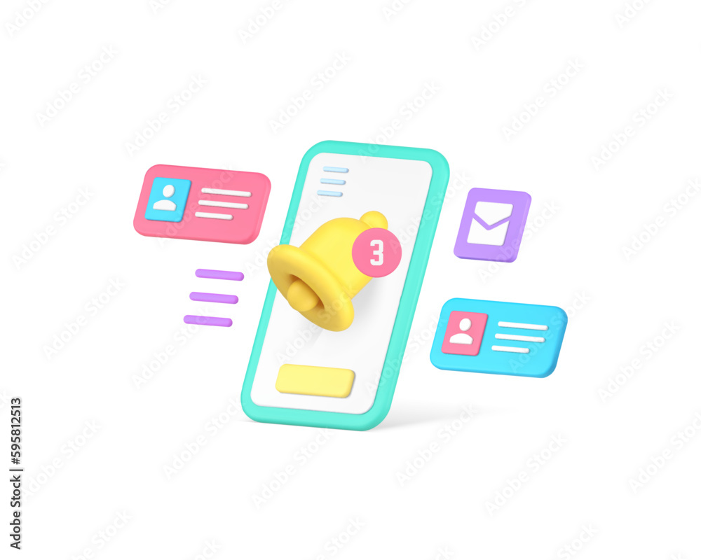 Poster smartphone sound notification incoming message inbox mailbox email 3d icon realistic vector