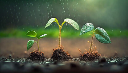 young plants growing up on ground with raining drop, save wold and green green environment concept, AI generative
