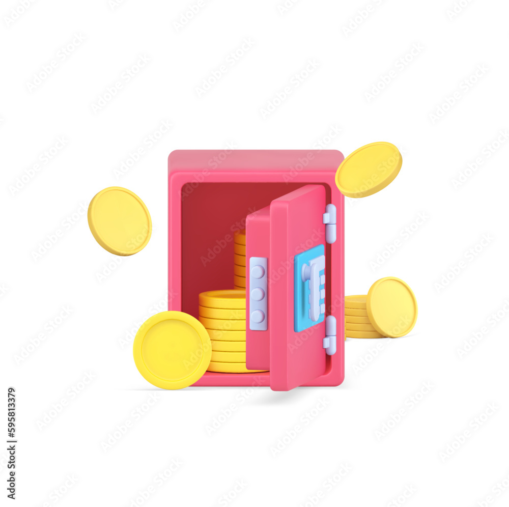 Poster Money banking secure storage open safe with flying golden coin money 3d icon realistic vector