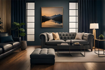 The interior design of a living room that's perfect for a movie lover,black tufed sofa  with comfortable seating and a large screen for watching films  | Generative AI - obrazy, fototapety, plakaty