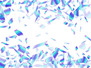 Magic party confetti scatter vector illustration. Blue  hologram elements new year decor. Surprise burst flying confetti. Holiday celebration decor background. Joy particles.