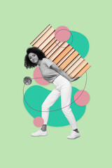 Vertical collage picture of mini black white colors girl arms hold big pile stack book isolated on green background