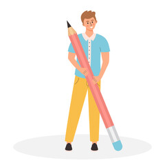 Young man holding big pencil. Student boy with large pencil. Writing, creating, education, copywriting and blogging concept.