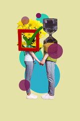 Vertical 3d collage artwork of weird unusual people no faces hold hands met on time enjoy date...