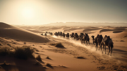 Fototapeta na wymiar Group of camels are walking through the desert. Generative AI