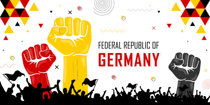 Germany independence day banner abstract background, cheering people with flags, copy space for text, red, black and yellow color geometric design with shapes