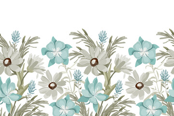 Vector floral seamless pattern, border. Horizontal panoramic illustration with meadow, marsh white, blue flowers