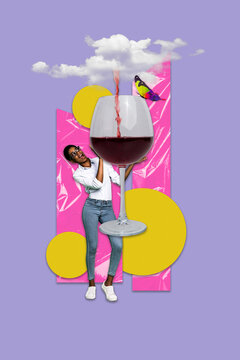 Poster image collage pinup pop photo of crazy positive man person hold large size wineglass have fun chill isolated on drawing background