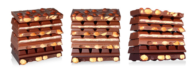 Set of Broken Chocolate Bars with Nuts, on transparent background