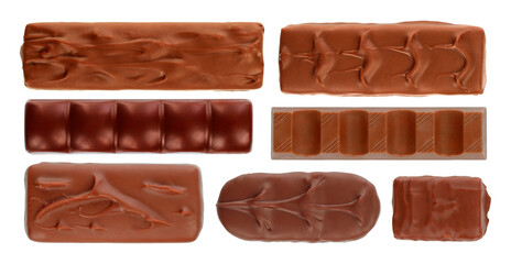Set of Different Chocolate Bars, top view, isolated on transparent background