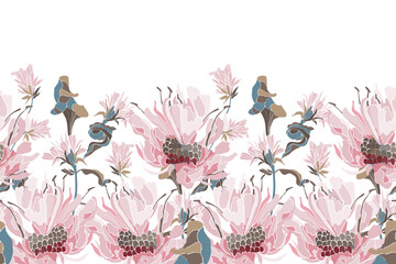 Vector floral seamless pattern, border. Horizontal panoramic illustration with pink flowers and herbs