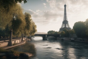 A serene Paris view with Eiffel tower, river and bridge. Generative AI