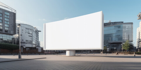 Blank white advertising display billboard in a city street. Promotional poster mock up. Generative ai