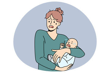 Motherhood problems and stress concept. Young stressed woman mother holding her crying infant baby on hands feeling nervous frustrated postpartum depression vector illustration