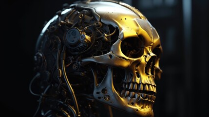 Golden Mechanical Skull, Intricate Details, Steampunk-Inspired Art, Futuristic Design, Generative AI Illustration