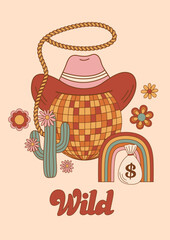 wild west poster with groovy disco ball , cactus, rainbow - 595816546