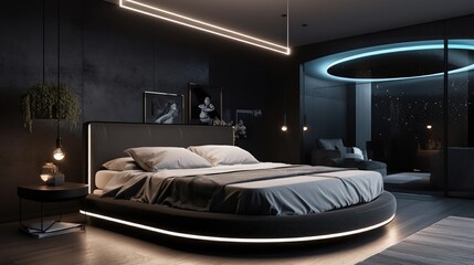 Futuristic Bed, Neon Cove Lighting, Sleep Cycle Tracking, Enhanced Sleep Experience, Generative AI Illustration - obrazy, fototapety, plakaty